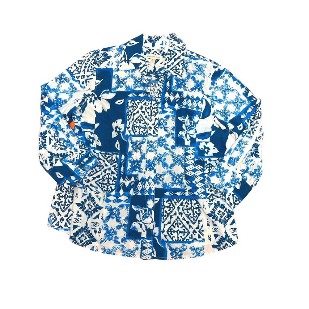 Coldwater Creek Womens L Blue White Floral Button Up Shirt Cotton Spandex Blend - Picture 7 of 8